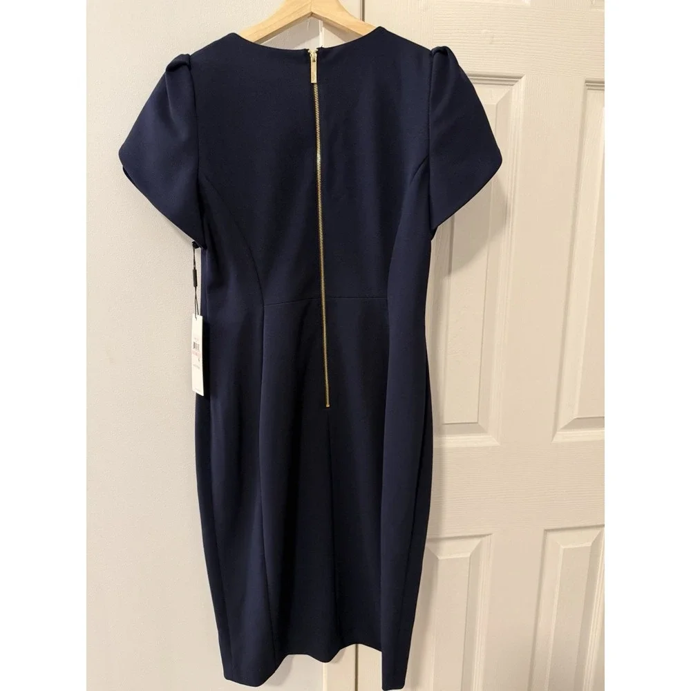 Calvin Klein Navy Blue Tulip Sleeve Stretch Crepe Sheath Dress Sz 10 NWT Office